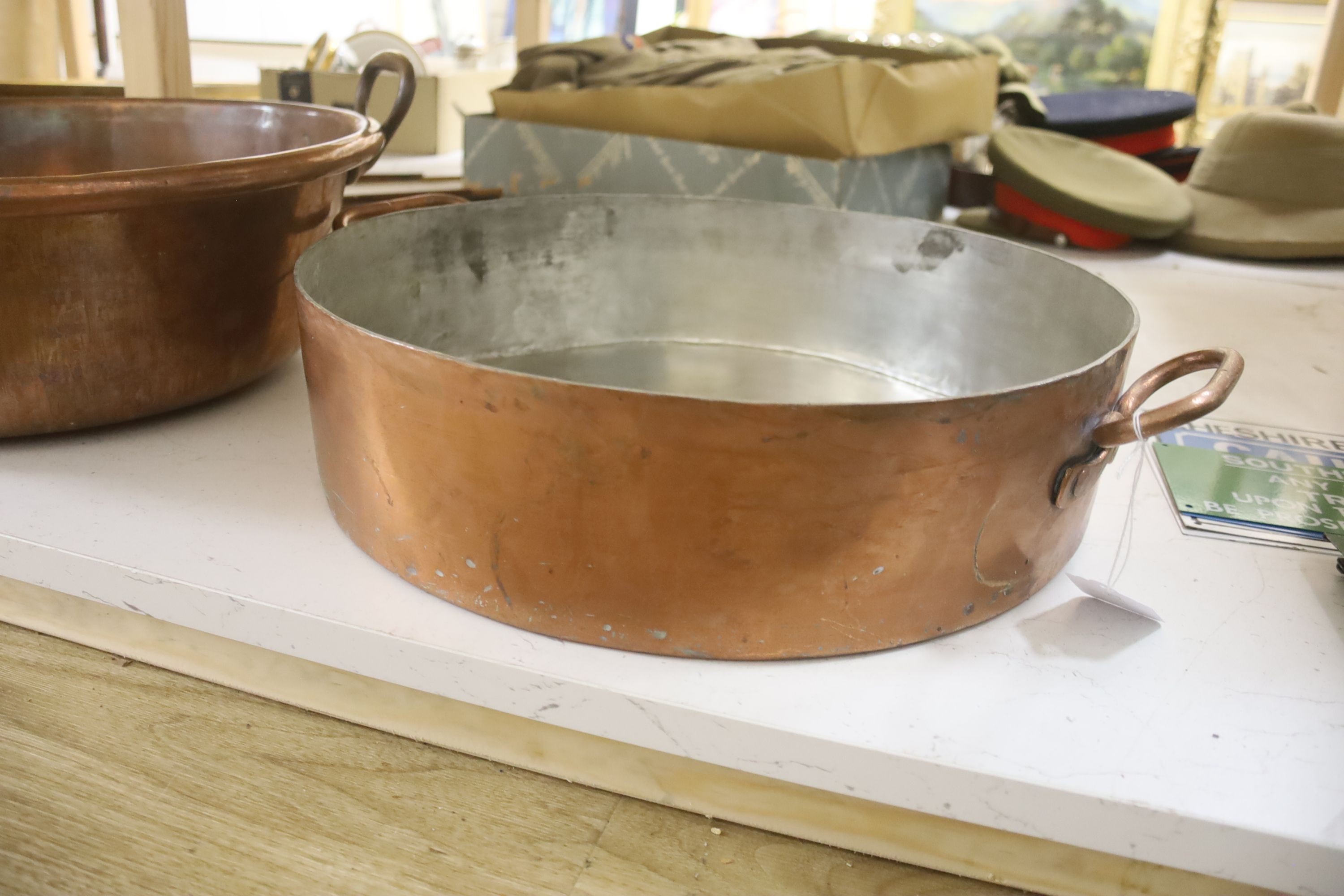 Two large copper two handled preserving pans, 41cm